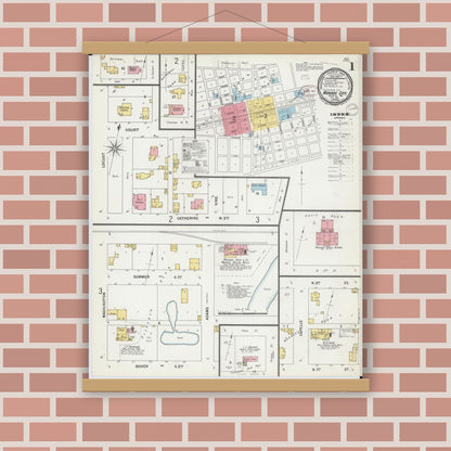 Old map wall art mockup — magnetic wood frame on brick wall — Sanborn Fire Insurance Map from Monroe City, Monroe County, Missouri (1899), Sheet #0001
