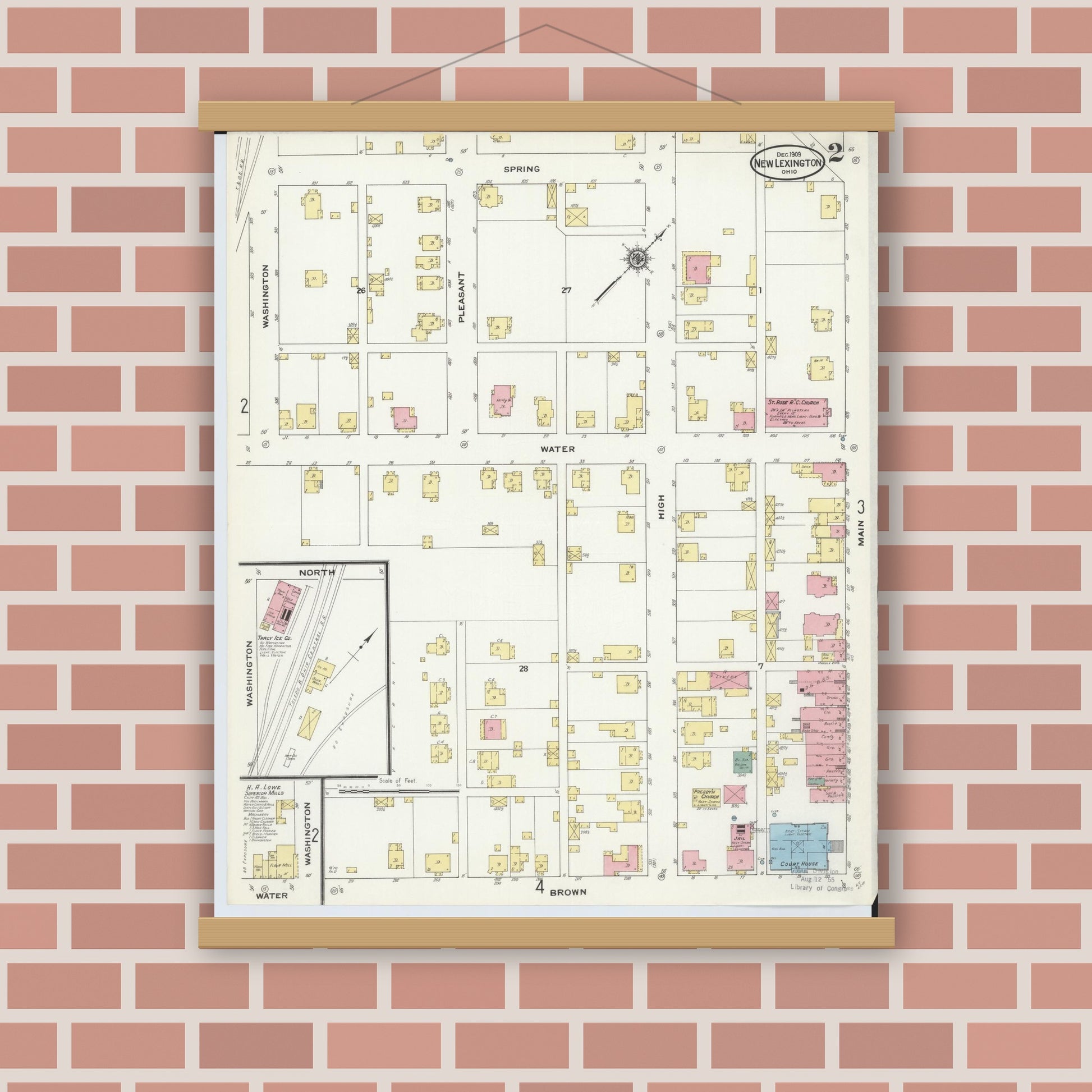 Old map wall art mockup — magnetic wood frame on brick wall — Sanborn Fire Insurance Map from New Lexington, Perry County, Ohio (1909), Sheet #0002