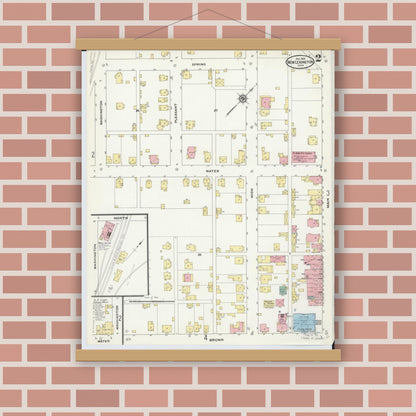 Old map wall art mockup — magnetic wood frame on brick wall — Sanborn Fire Insurance Map from New Lexington, Perry County, Ohio (1909), Sheet #0002