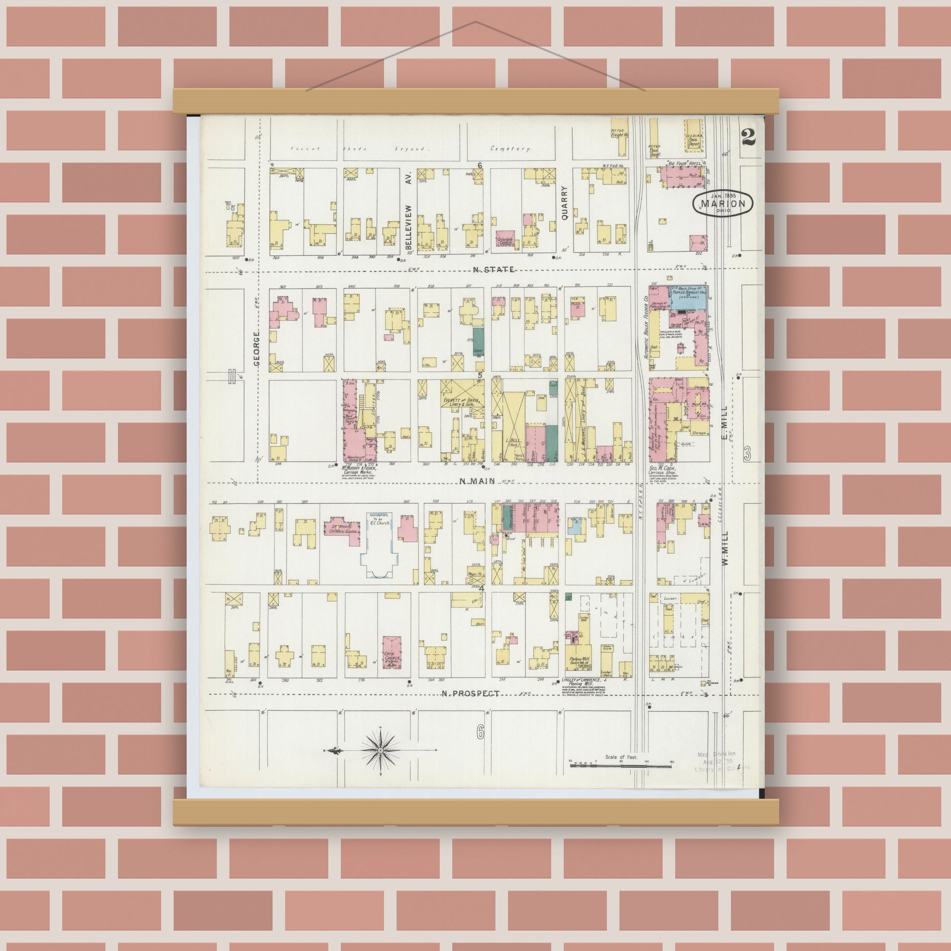Old map wall art mockup — magnetic wood frame on brick wall — Sanborn Fire Insurance Map from Marion, Marion County, Ohio (1895), Sheet #0002