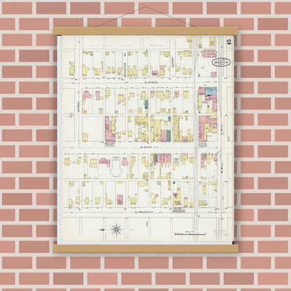 Old map wall art mockup — magnetic wood frame on brick wall — Sanborn Fire Insurance Map from Marion, Marion County, Ohio (1895), Sheet #0002