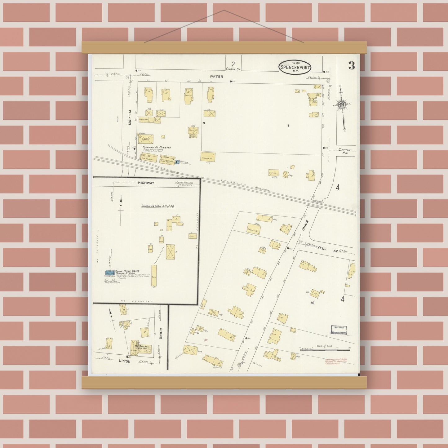 Old map wall art mockup — magnetic wood frame on brick wall — Sanborn Fire Insurance Map from Spencerport, Monroe County, New York (1911), Sheet #0003