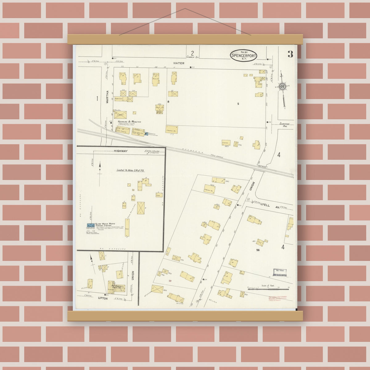 Old map wall art mockup — magnetic wood frame on brick wall — Sanborn Fire Insurance Map from Spencerport, Monroe County, New York (1911), Sheet #0003