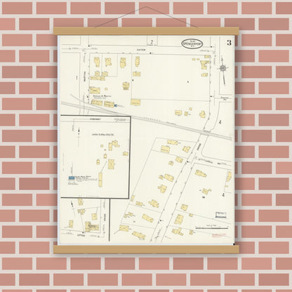 Old map wall art mockup — magnetic wood frame on brick wall — Sanborn Fire Insurance Map from Spencerport, Monroe County, New York (1911), Sheet #0003