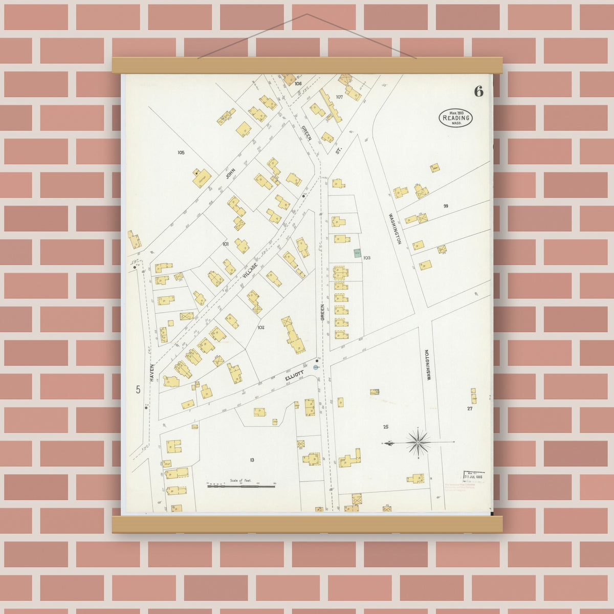 Old map wall art mockup — magnetic wood frame on brick wall — Sanborn Fire Insurance Map from Reading, Middlesex County, Massachusetts (1903), Sheet #0006