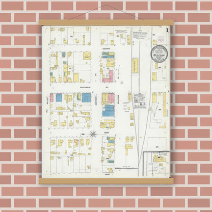 Old map wall art mockup — magnetic wood frame on brick wall — Sanborn Fire Insurance Map from Muscoda, Grant County, Wisconsin (1904), Sheet #0001