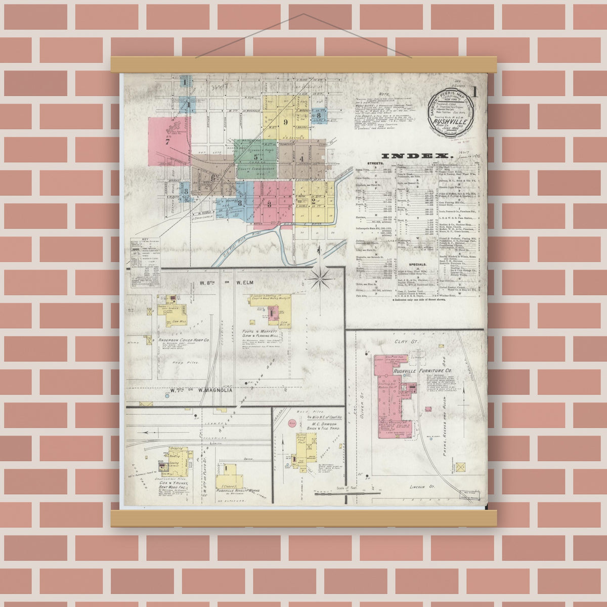 Old map wall art mockup — magnetic wood frame on brick wall — Sanborn Fire Insurance Map from Rushville, Rush County, Indiana (1896) - Complete Map Set