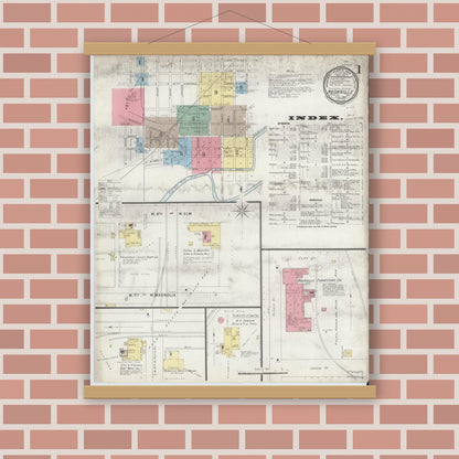 Old map wall art mockup — magnetic wood frame on brick wall — Sanborn Fire Insurance Map from Rushville, Rush County, Indiana (1896) - Complete Map Set