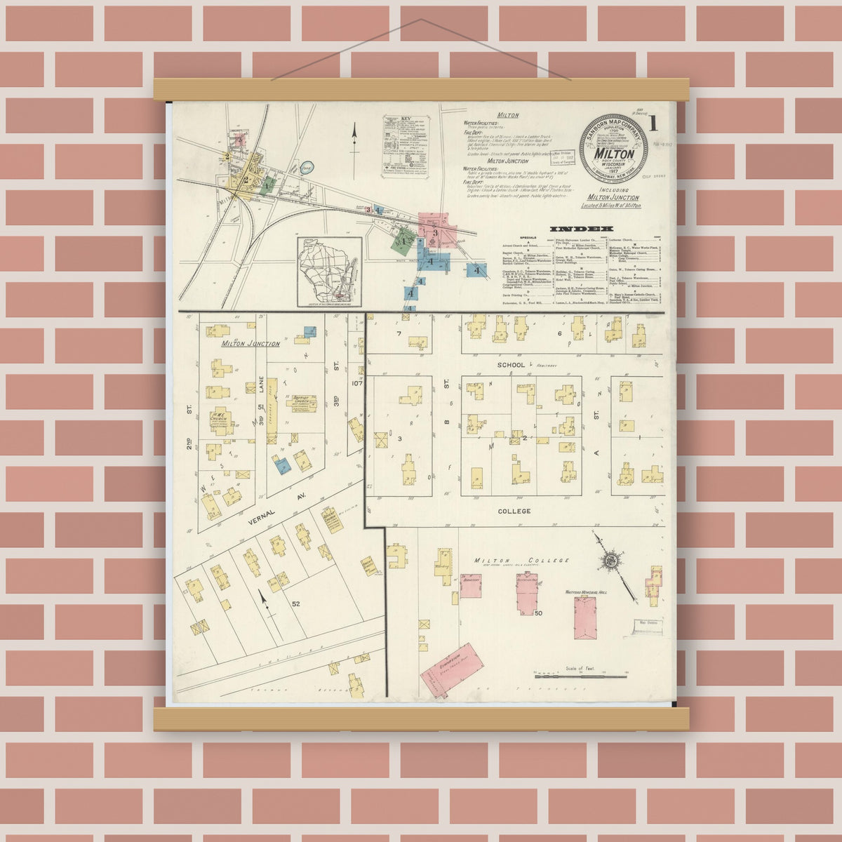 Old map wall art mockup — magnetic wood frame on brick wall — Sanborn Fire Insurance Map from Milton, Rock County, Wisconsin (1917) - Complete Map Set