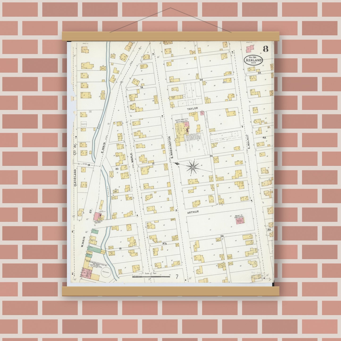 Old map wall art mockup — magnetic wood frame on brick wall — Sanborn Fire Insurance Map from Ashland, Ashland County, Ohio (1904), Sheet #0008