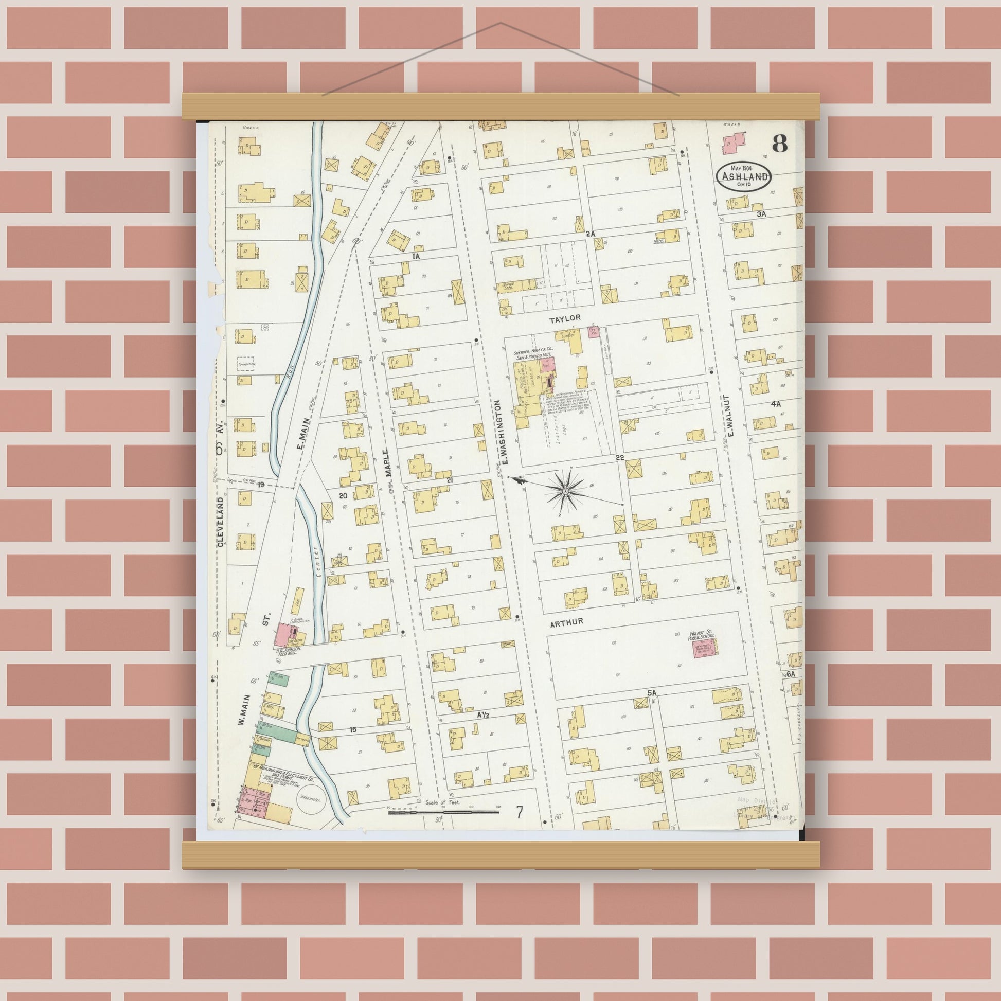 Old map wall art mockup — magnetic wood frame on brick wall — Sanborn Fire Insurance Map from Ashland, Ashland County, Ohio (1904), Sheet #0008