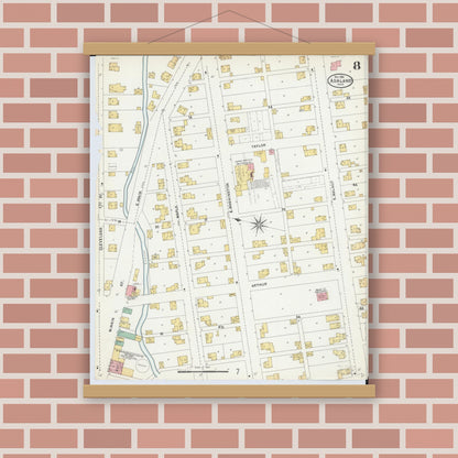 Old map wall art mockup — magnetic wood frame on brick wall — Sanborn Fire Insurance Map from Ashland, Ashland County, Ohio (1904), Sheet #0008