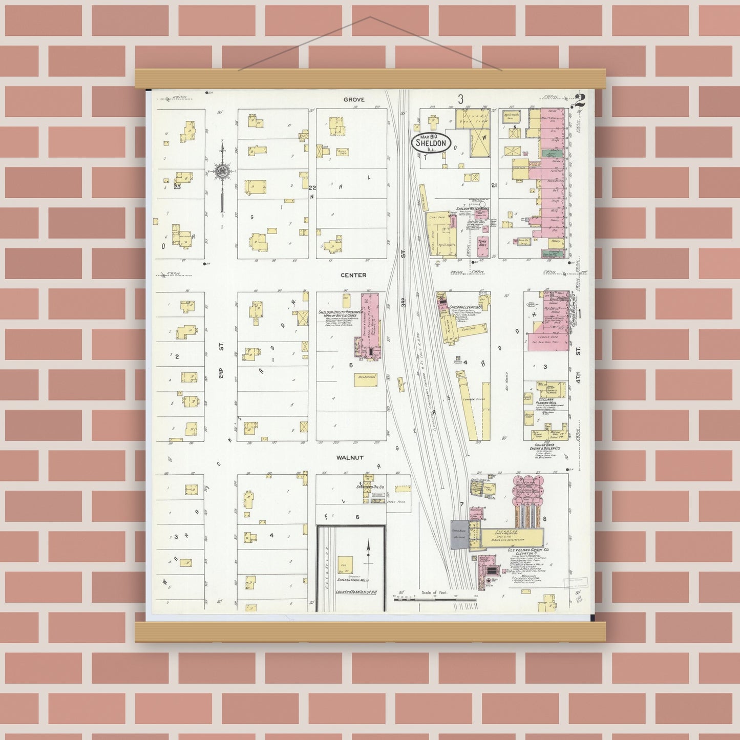 Old map wall art mockup — magnetic wood frame on brick wall — Sanborn Fire Insurance Map from Sheldon, Iroquois County, Illinois (1910), Sheet #0002