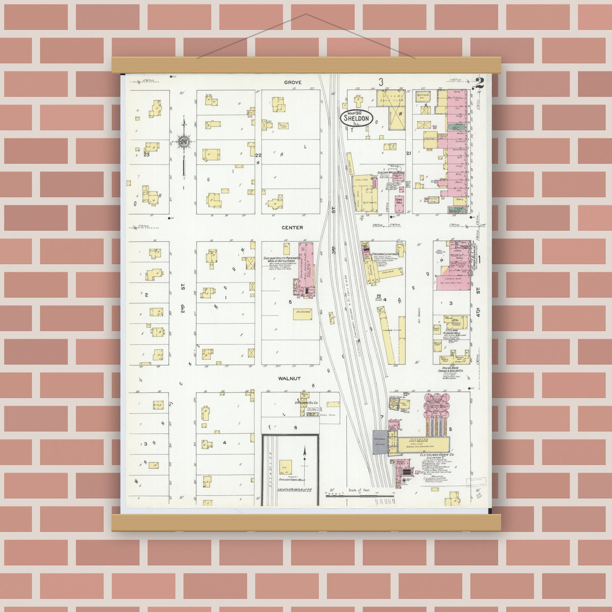 Old map wall art mockup — magnetic wood frame on brick wall — Sanborn Fire Insurance Map from Sheldon, Iroquois County, Illinois (1910), Sheet #0002