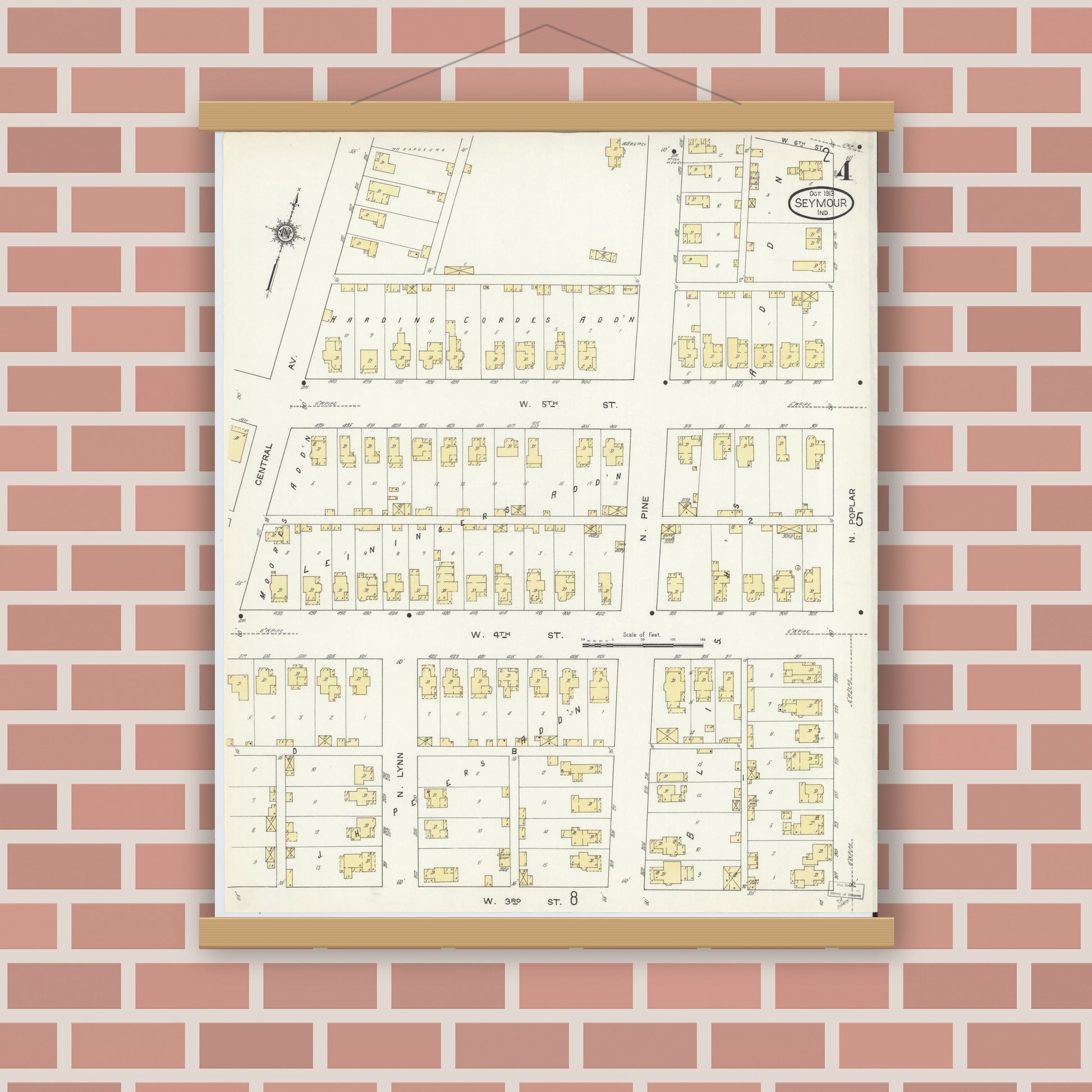 Old map wall art mockup — magnetic wood frame on brick wall — Sanborn Fire Insurance Map from Seymour, Jackson County, Indiana (1913), Sheet #0004