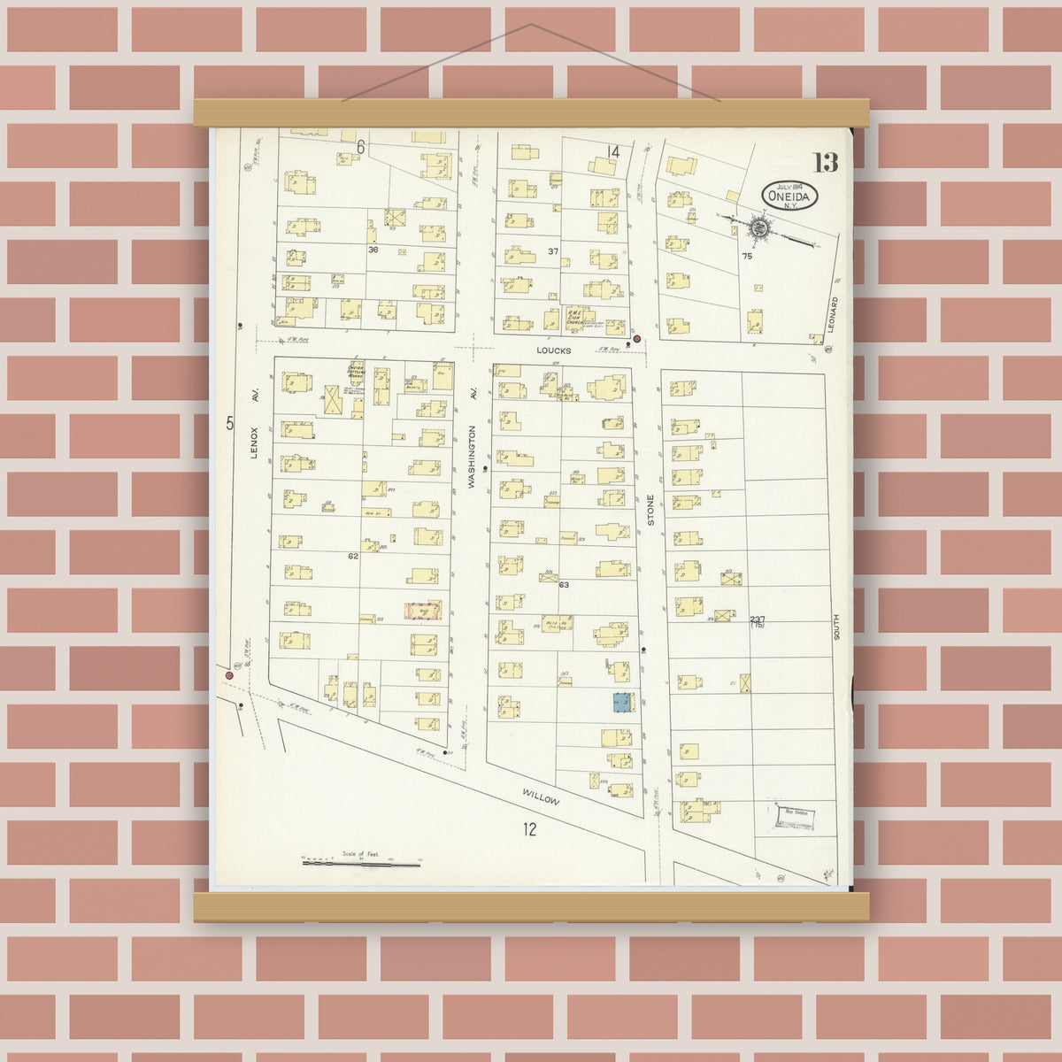 Old map wall art mockup — magnetic wood frame on brick wall — Sanborn Fire Insurance Map from Oneida, Madison County, New York (1914), Sheet #0013