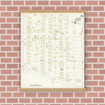 Old map wall art mockup — magnetic wood frame on brick wall — Sanborn Fire Insurance Map from Oneida, Madison County, New York (1914), Sheet #0013