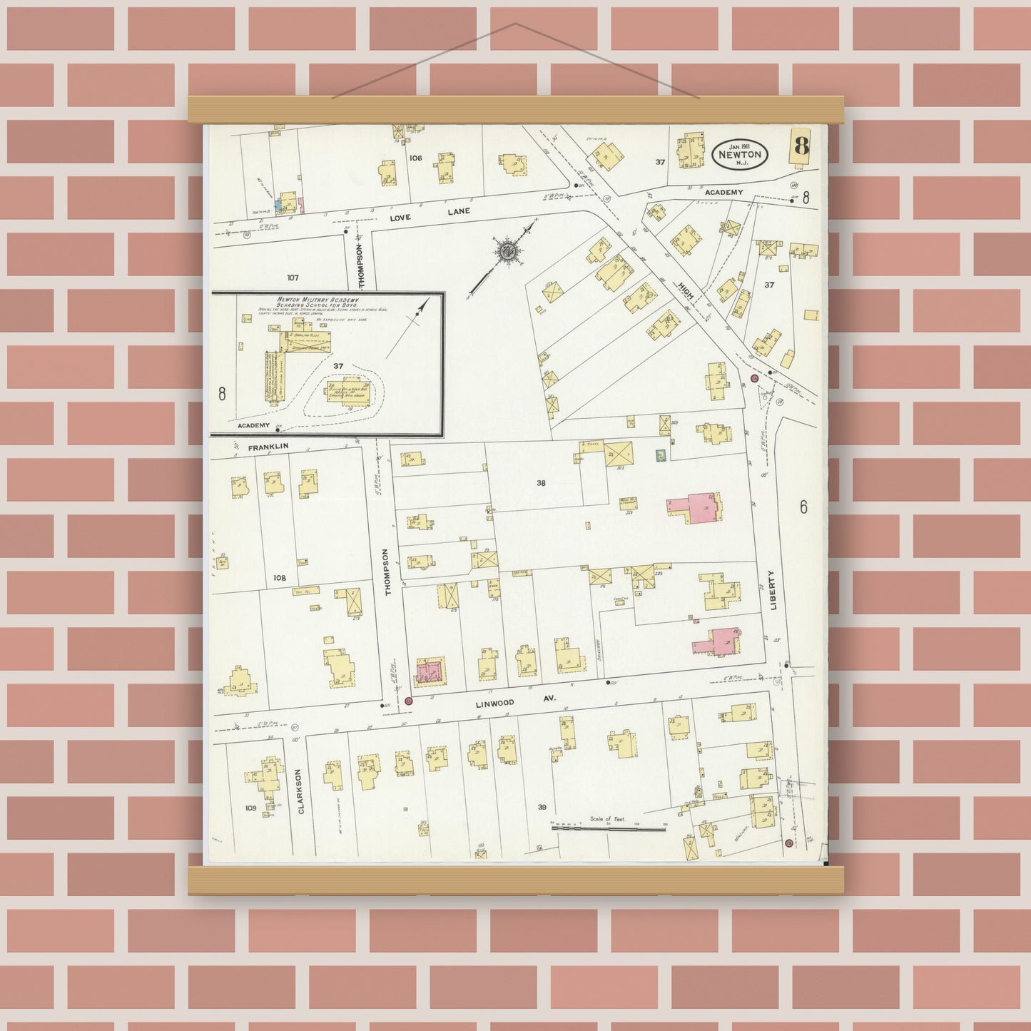 Old map wall art mockup — magnetic wood frame on brick wall — Sanborn Fire Insurance Map from Newton, Sussex County, New Jersey (1911), Sheet #0008