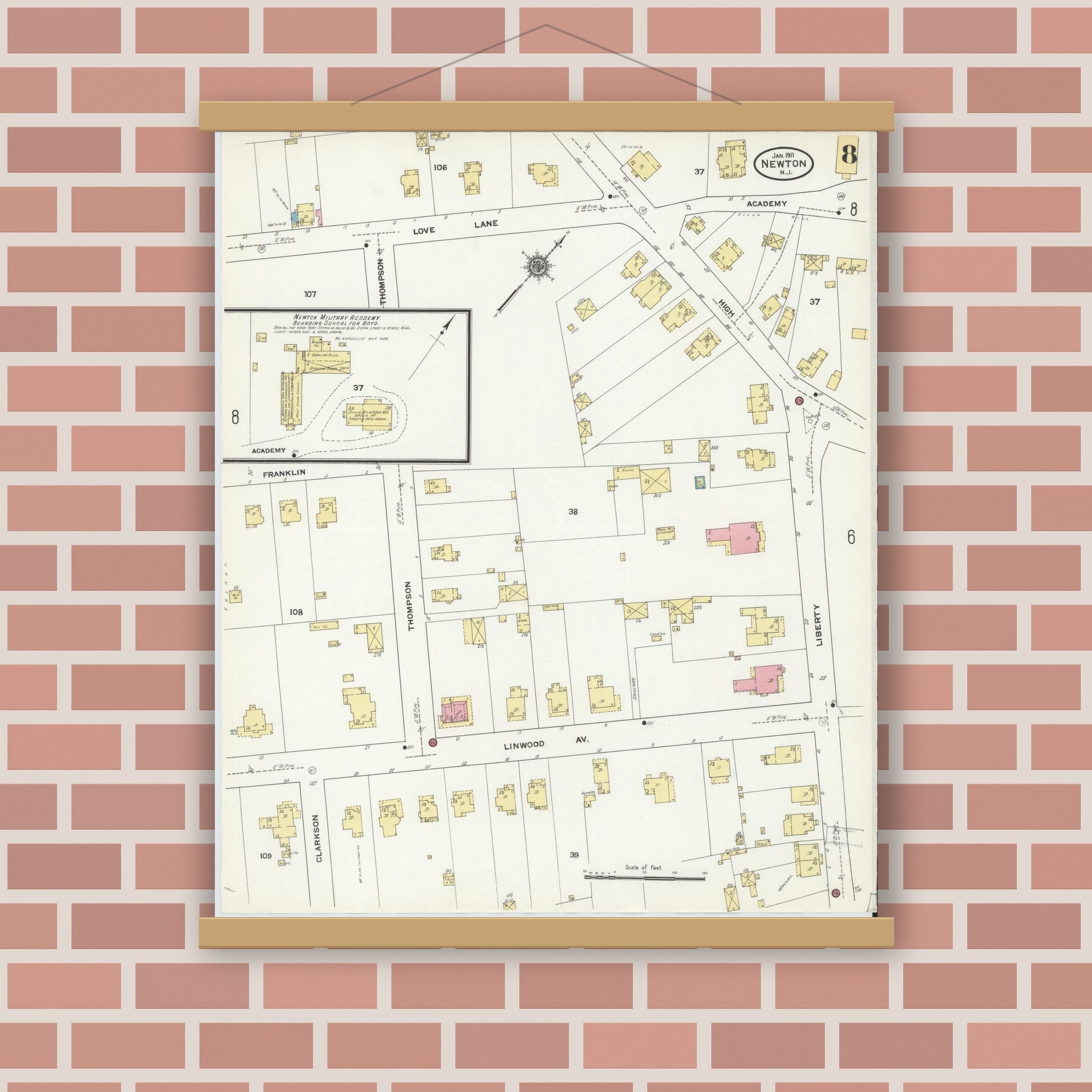 Old map wall art mockup — magnetic wood frame on brick wall — Sanborn Fire Insurance Map from Newton, Sussex County, New Jersey (1911), Sheet #0008