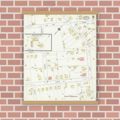 Old map wall art mockup — magnetic wood frame on brick wall — Sanborn Fire Insurance Map from Newton, Sussex County, New Jersey (1911), Sheet #0008