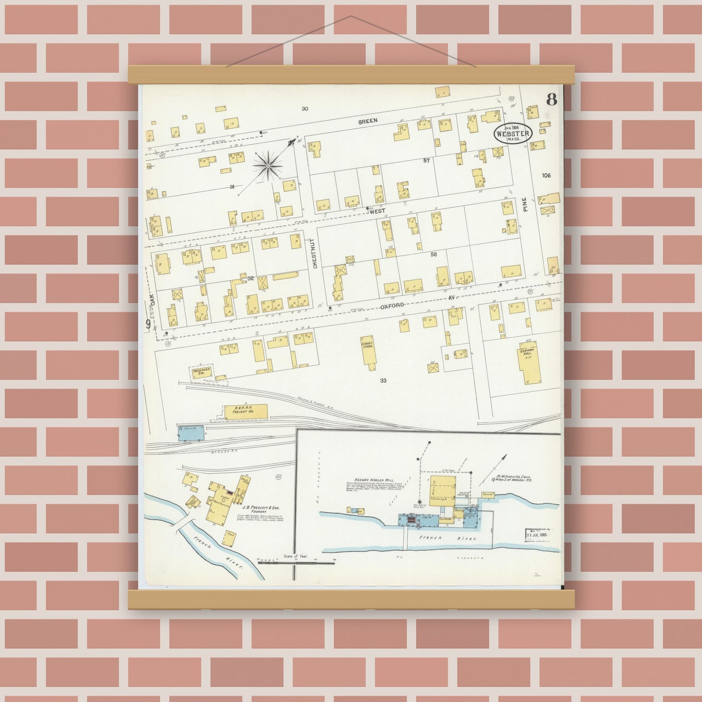 Old map wall art mockup — magnetic wood frame on brick wall — Sanborn Fire Insurance Map from Webster, Worcester County, Massachusetts (1904), Sheet #0008