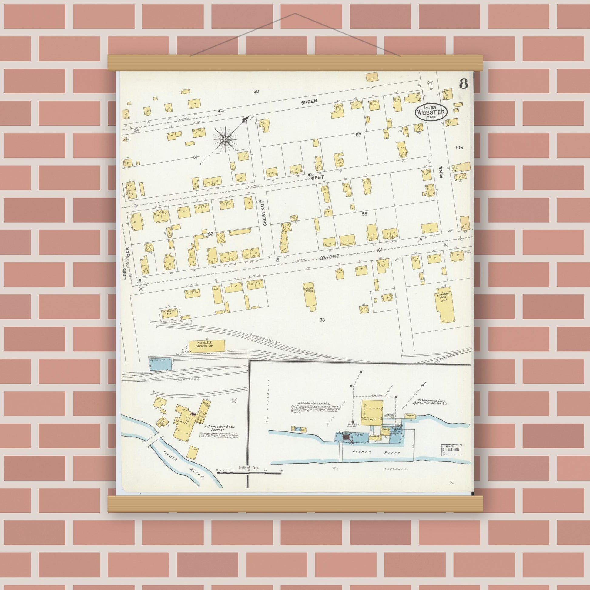 Old map wall art mockup — magnetic wood frame on brick wall — Sanborn Fire Insurance Map from Webster, Worcester County, Massachusetts (1904), Sheet #0008