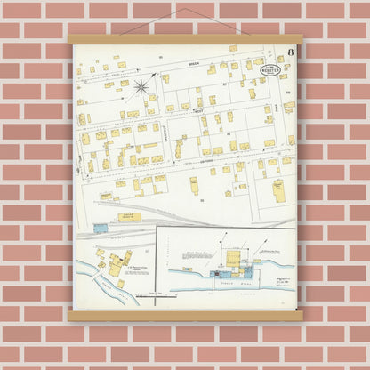 Old map wall art mockup — magnetic wood frame on brick wall — Sanborn Fire Insurance Map from Webster, Worcester County, Massachusetts (1904), Sheet #0008