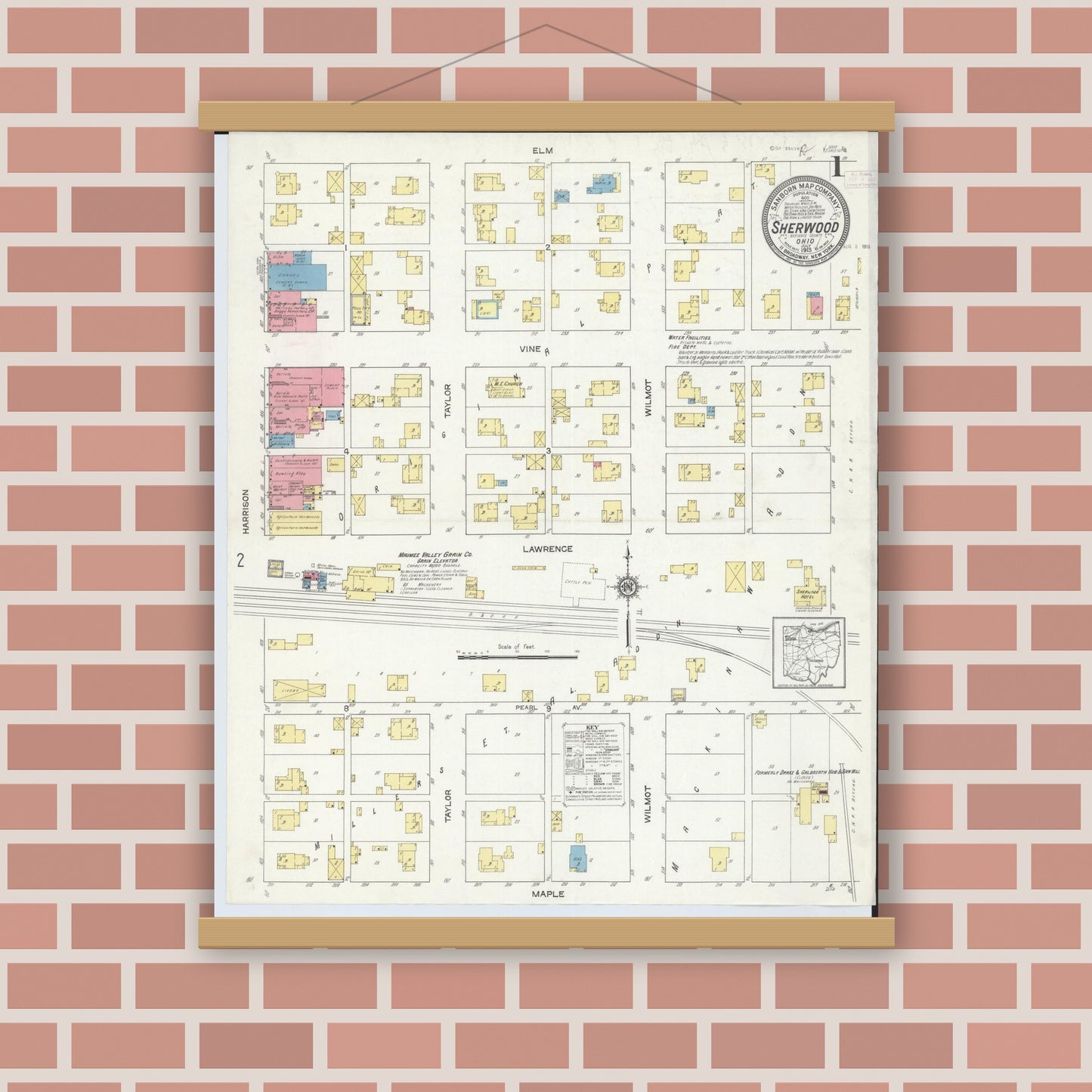 Old map wall art mockup — magnetic wood frame on brick wall — Sanborn Fire Insurance Map from Sherwood, Defiance County, Ohio (1913), Sheet #0001