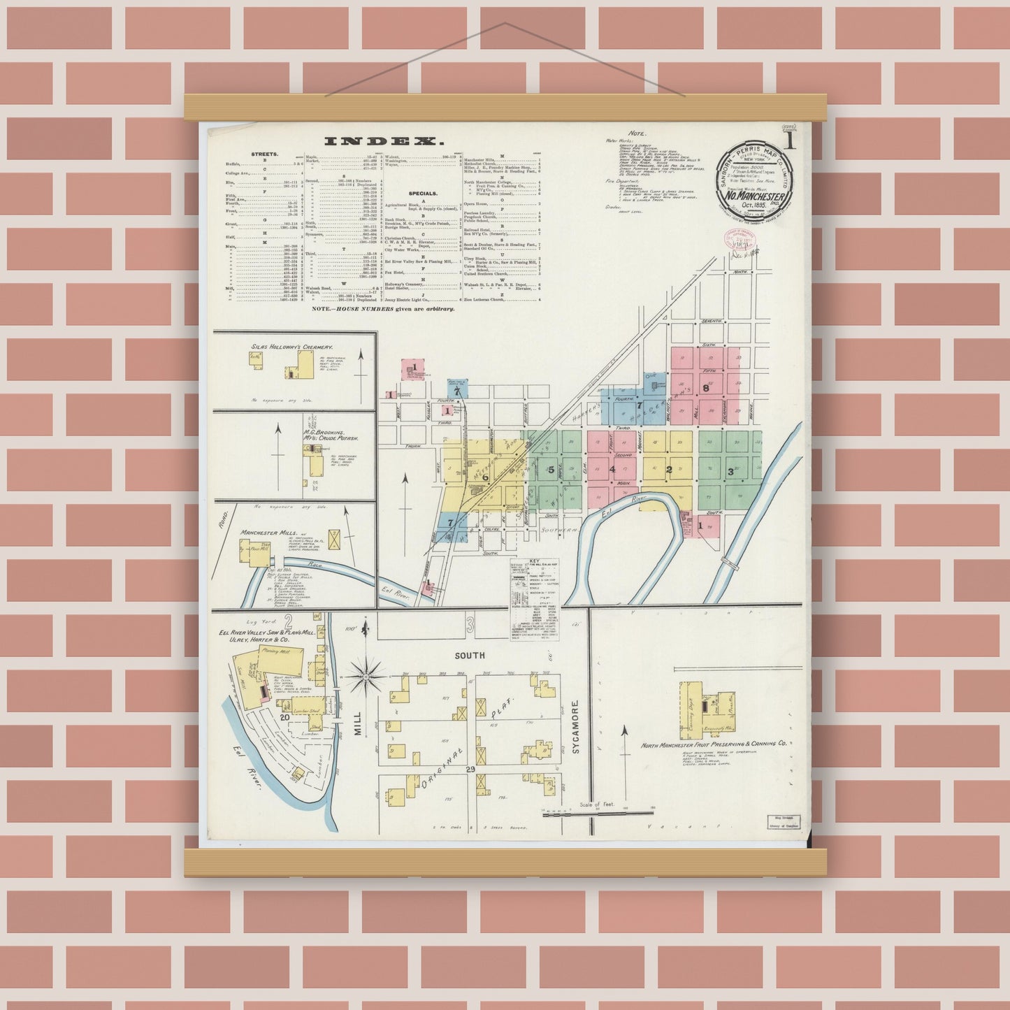 Old map wall art mockup — magnetic wood frame on brick wall — Sanborn Fire Insurance Map from North Manchester, Wabash County, Indiana (1895) - Complete Map Set