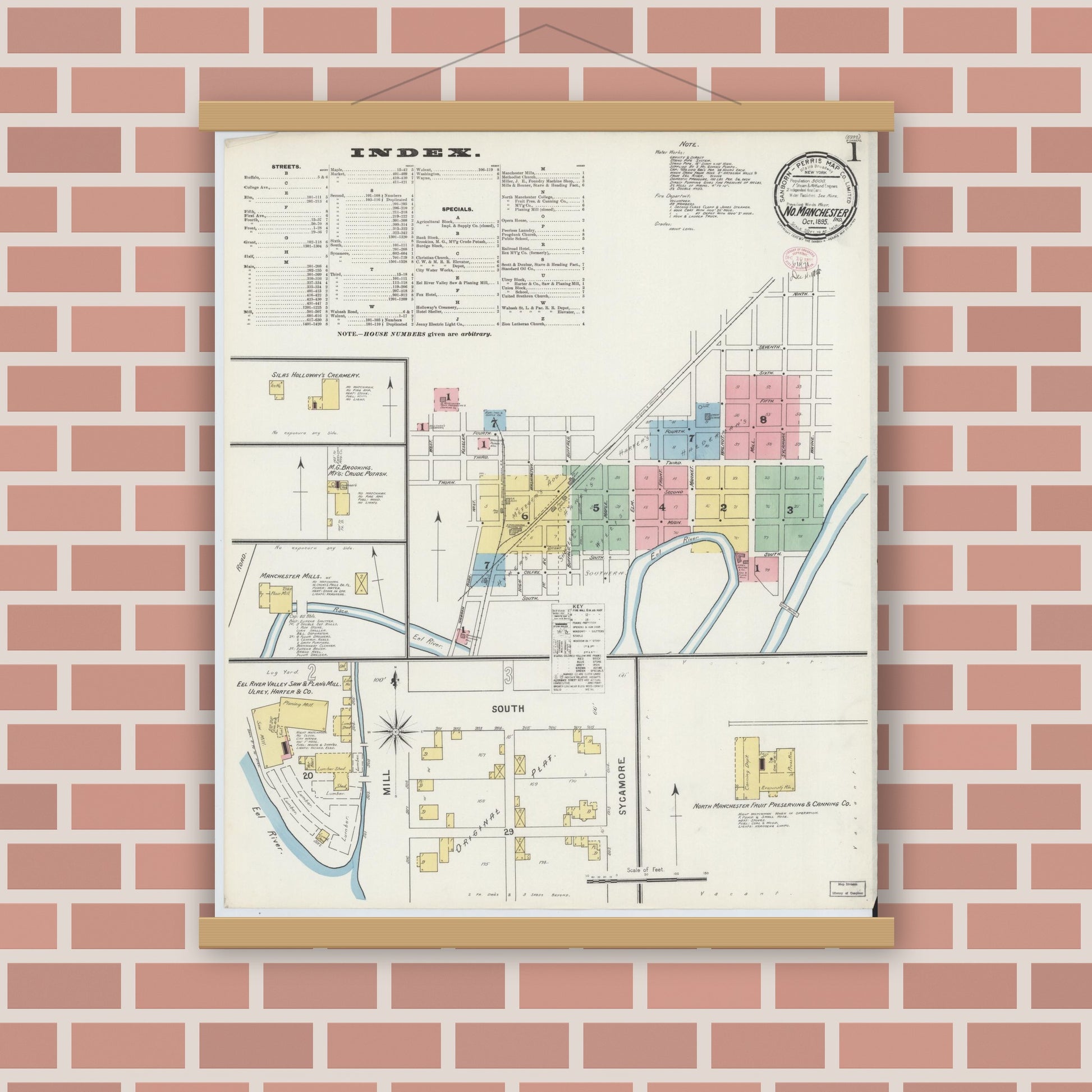 Old map wall art mockup — magnetic wood frame on brick wall — Sanborn Fire Insurance Map from North Manchester, Wabash County, Indiana (1895) - Complete Map Set