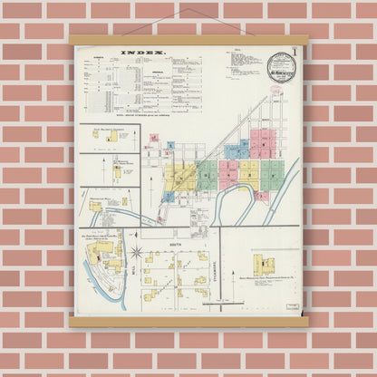 Old map wall art mockup — magnetic wood frame on brick wall — Sanborn Fire Insurance Map from North Manchester, Wabash County, Indiana (1895) - Complete Map Set