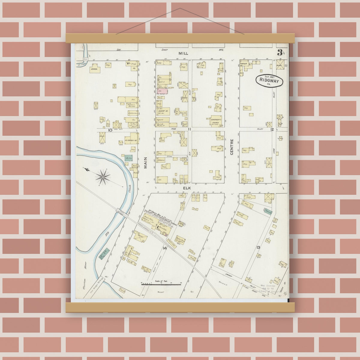 Old map wall art mockup — magnetic wood frame on brick wall — Sanborn Fire Insurance Map from Ridgway, Elk County, Pennsylvania (1887), Sheet #0003