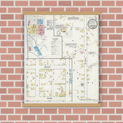 Old map wall art mockup — magnetic wood frame on brick wall — Sanborn Fire Insurance Map from Cannelton, Perry County, Indiana (1892), Sheet #0001