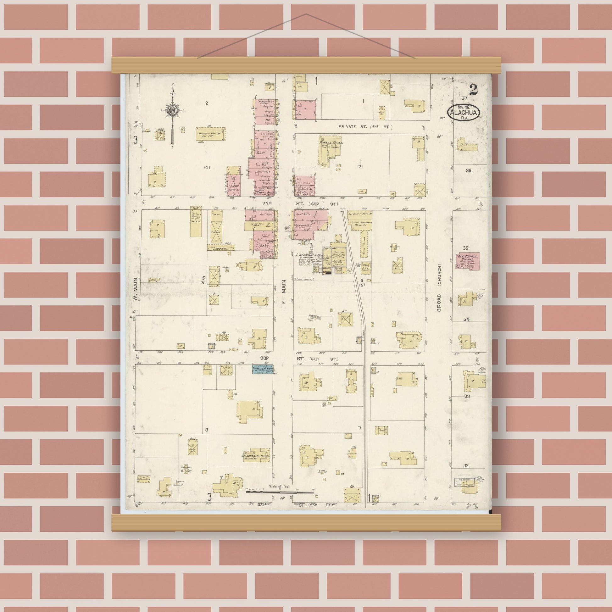 Old map wall art mockup — magnetic wood frame on brick wall — Sanborn Fire Insurance Map from Alachua, Alachua County, Florida (1912), Sheet #0002