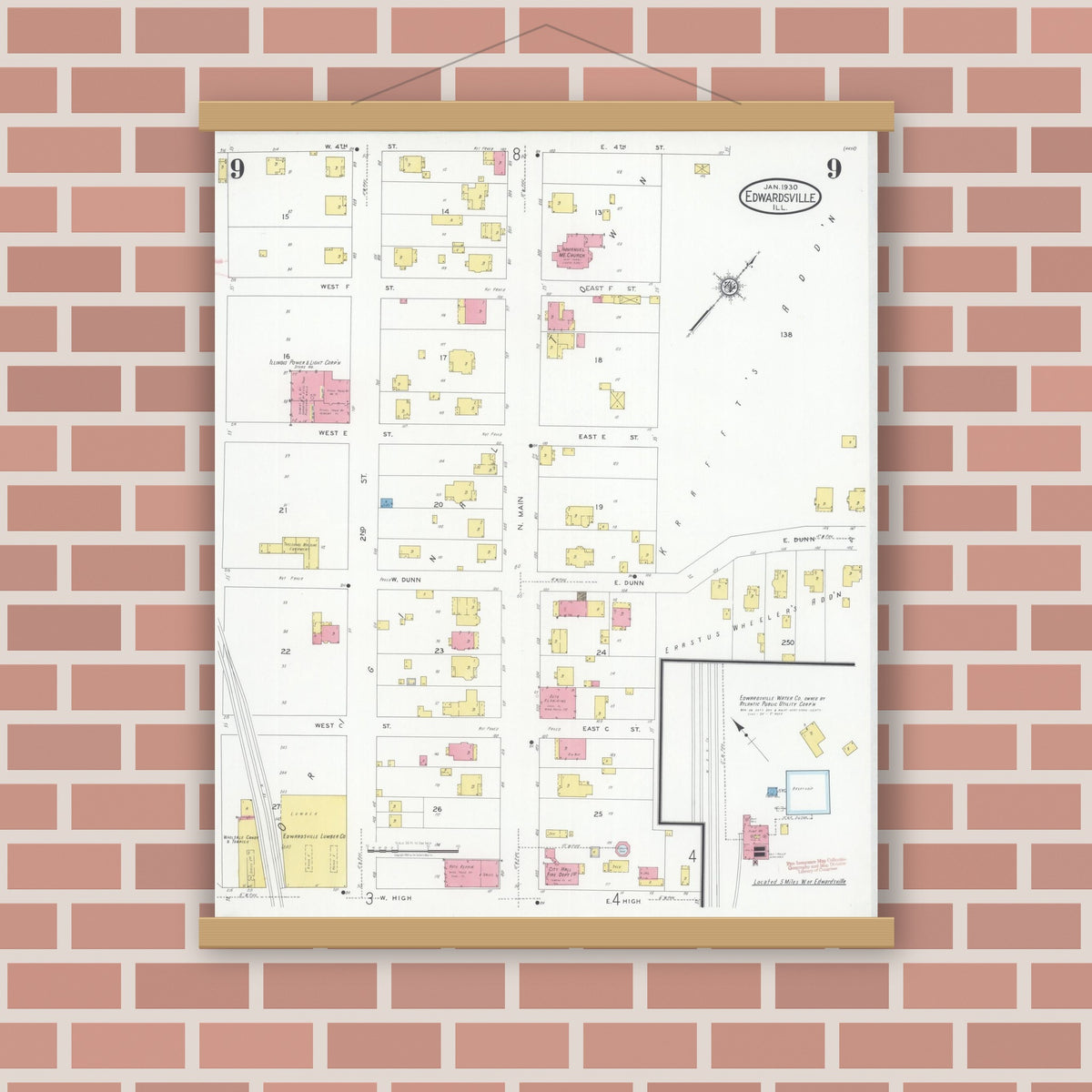 Old map wall art mockup — magnetic wood frame on brick wall — Sanborn Fire Insurance Map from Edwardsville, Madison County, Illinois (1930), Sheet #0009