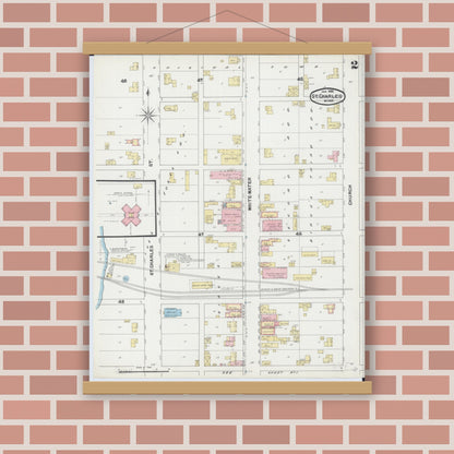 Old map wall art mockup — magnetic wood frame on brick wall — Sanborn Fire Insurance Map from Saint Charles, Winona County, Minnesota (1892), Sheet #0002