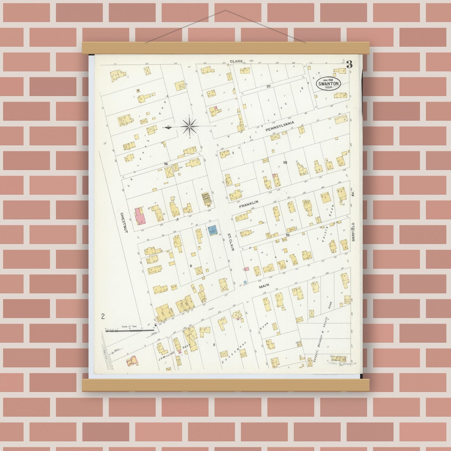 Old map wall art mockup — magnetic wood frame on brick wall — Sanborn Fire Insurance Map from Swanton, Fulton County, Ohio (1908), Sheet #0003