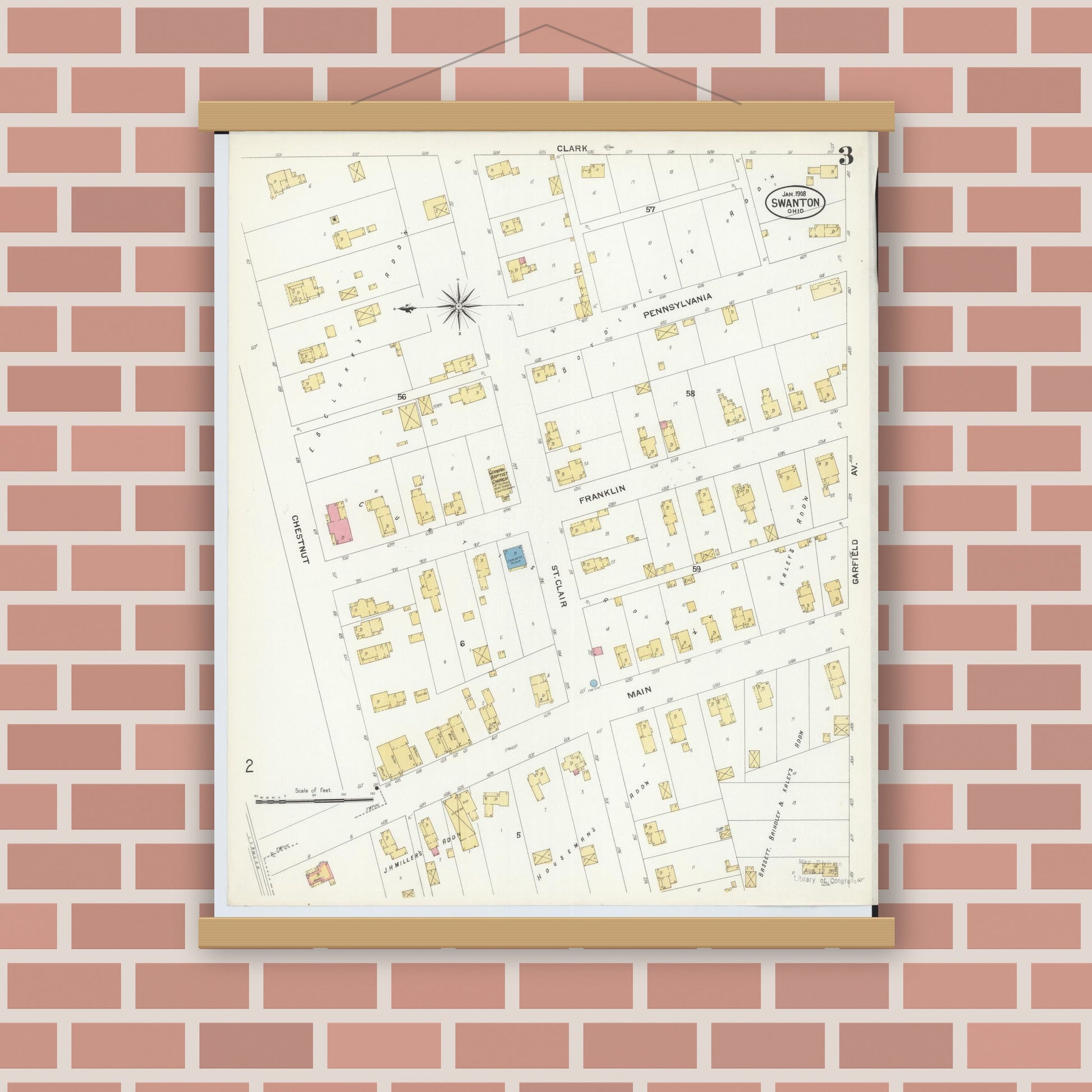 Old map wall art mockup — magnetic wood frame on brick wall — Sanborn Fire Insurance Map from Swanton, Fulton County, Ohio (1908), Sheet #0003