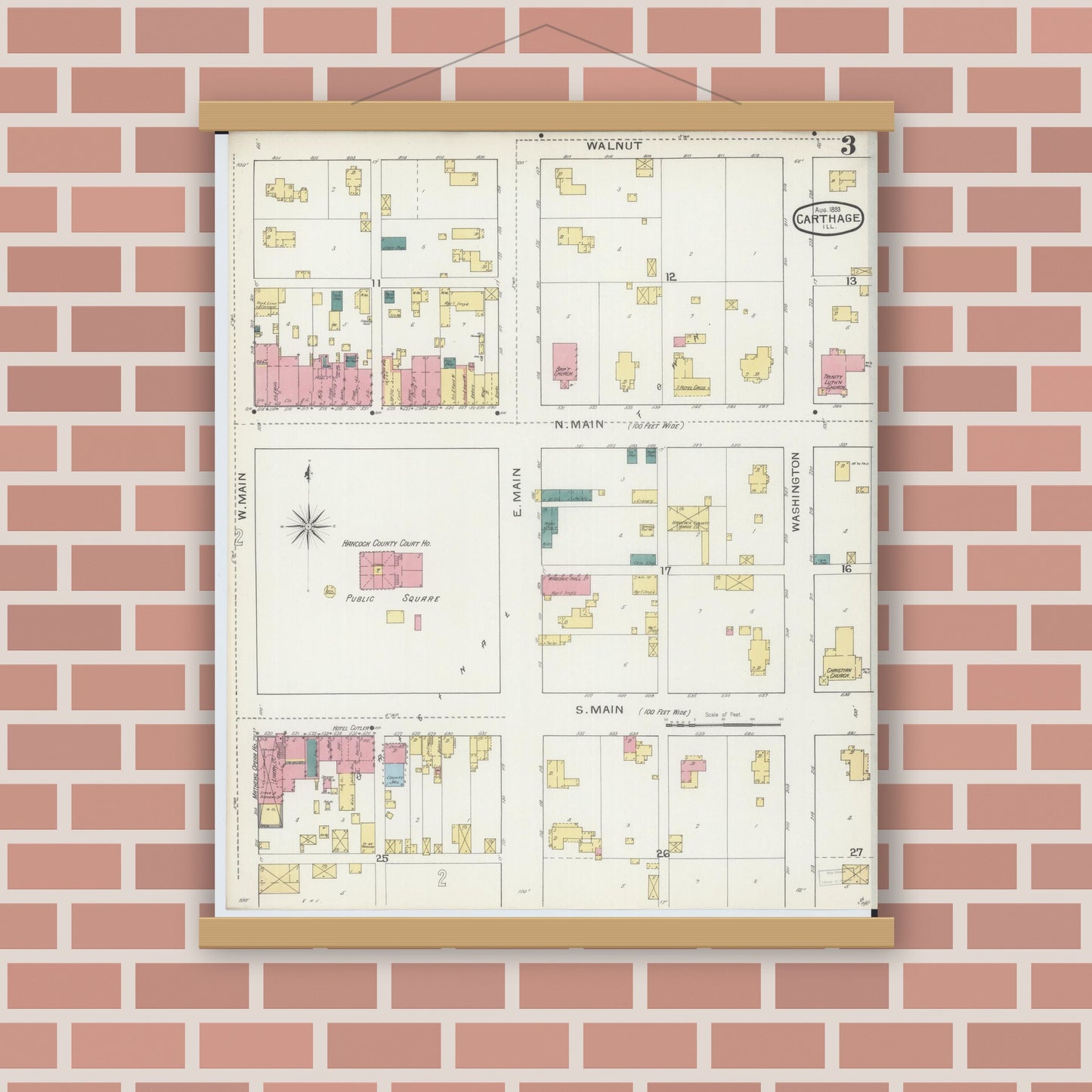 Old map wall art mockup — magnetic wood frame on brick wall — Sanborn Fire Insurance Map from Carthage, Hancock County, Illinois (1893), Sheet #0003