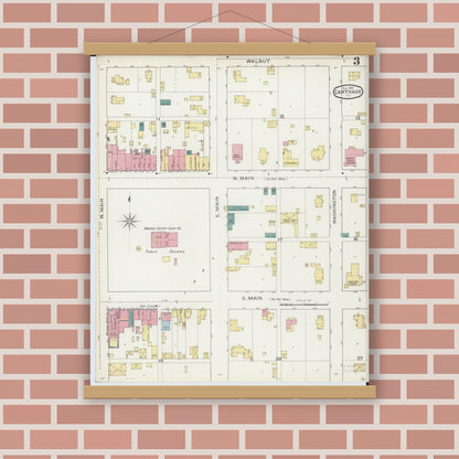 Old map wall art mockup — magnetic wood frame on brick wall — Sanborn Fire Insurance Map from Carthage, Hancock County, Illinois (1893), Sheet #0003