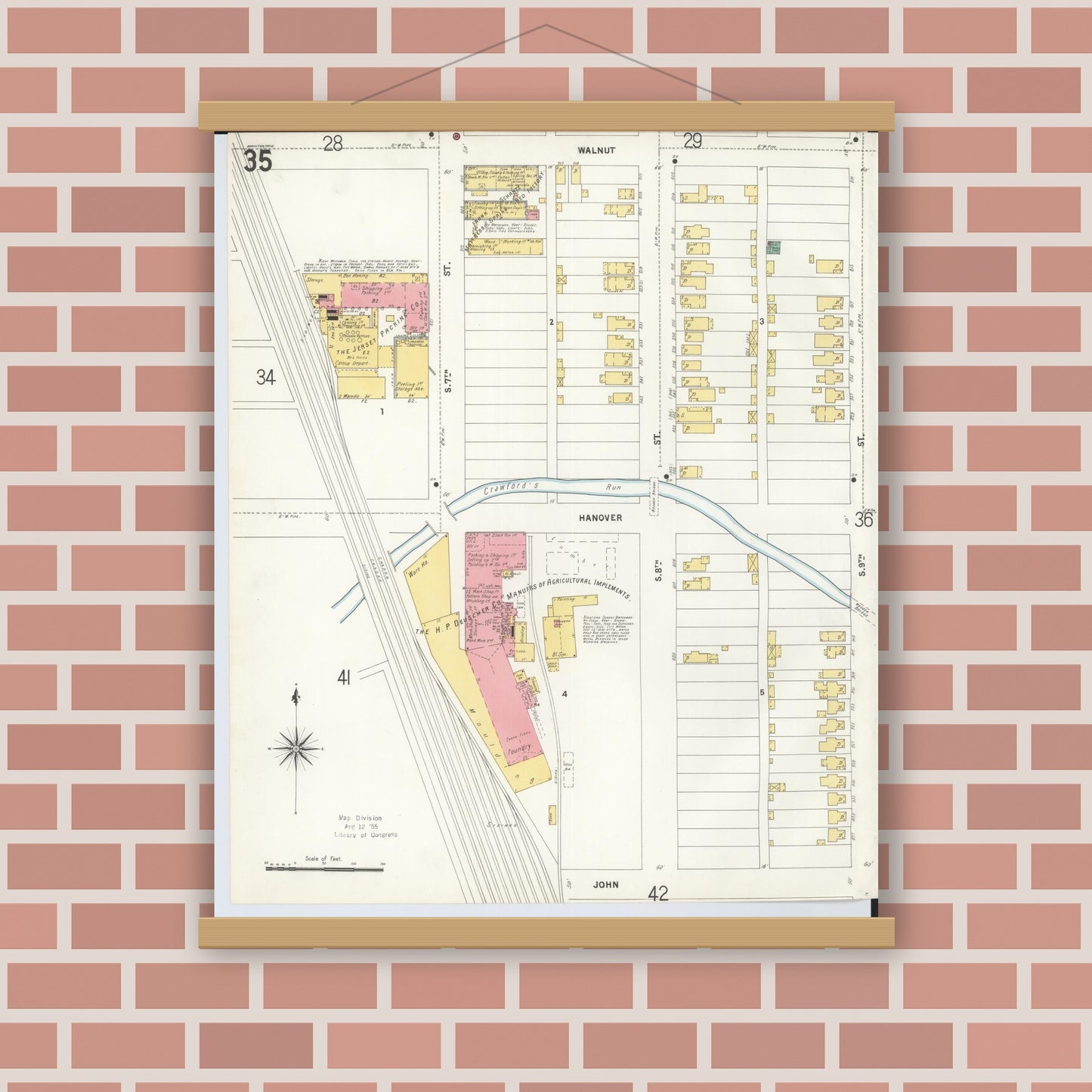 Old map wall art mockup — magnetic wood frame on brick wall — Sanborn Fire Insurance Map from Hamilton, Butler County, Ohio (1899), Sheet #0035