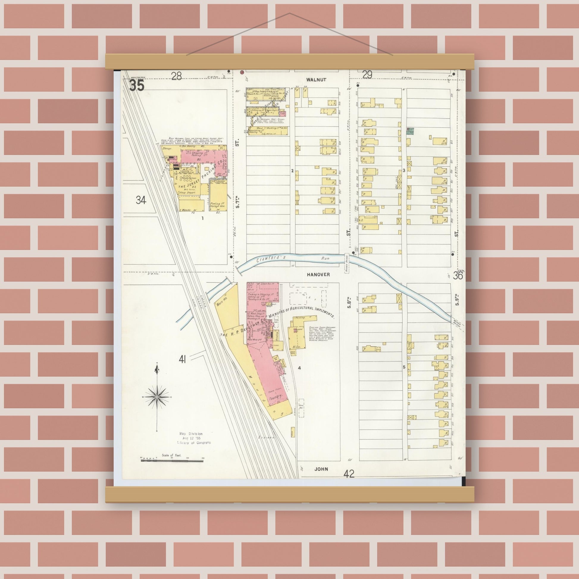 Old map wall art mockup — magnetic wood frame on brick wall — Sanborn Fire Insurance Map from Hamilton, Butler County, Ohio (1899), Sheet #0035