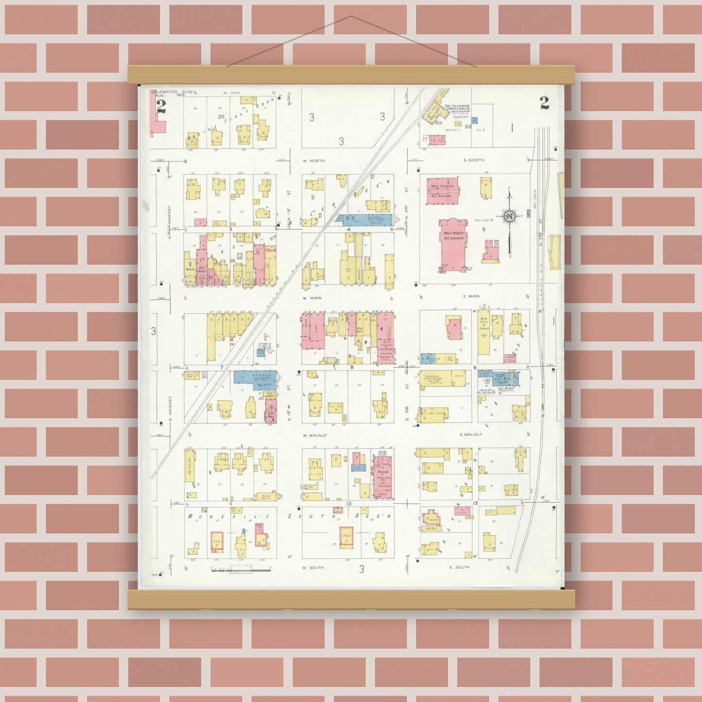 Old map wall art mockup — magnetic wood frame on brick wall — Sanborn Fire Insurance Map from Cold Water, Mercer County, Ohio (1933), Sheet #0002