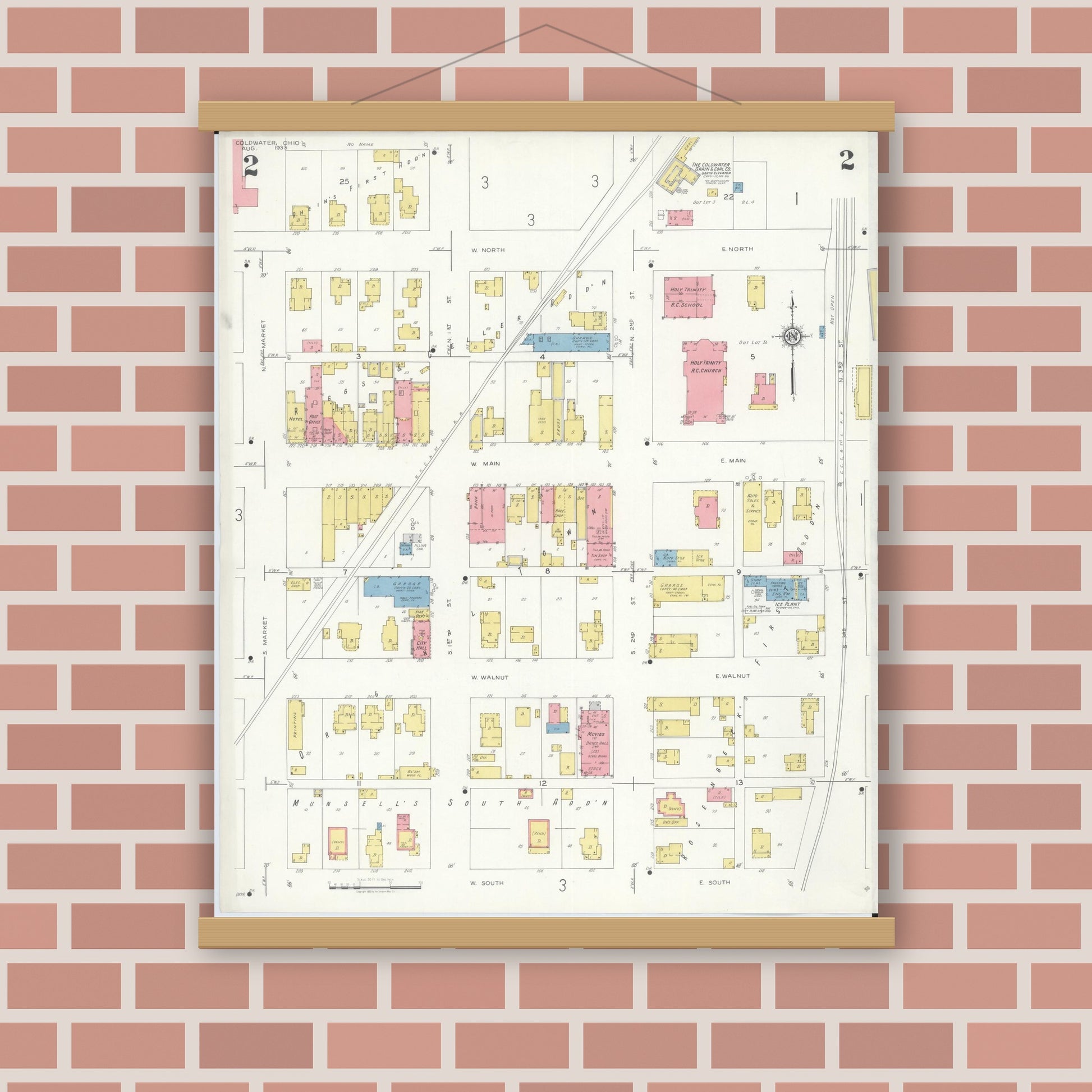 Old map wall art mockup — magnetic wood frame on brick wall — Sanborn Fire Insurance Map from Cold Water, Mercer County, Ohio (1933), Sheet #0002