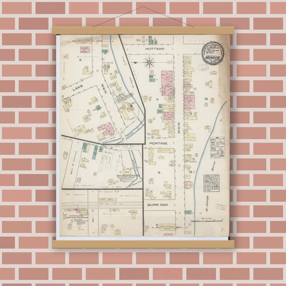 Old map wall art mockup — magnetic wood frame on brick wall — Sanborn Fire Insurance Map from Mendon, Saint Joseph County, Michigan (1884), Sheet #0001