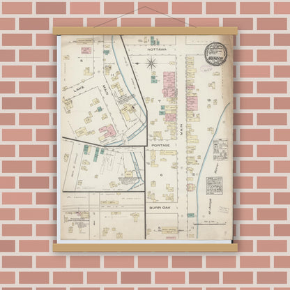Old map wall art mockup — magnetic wood frame on brick wall — Sanborn Fire Insurance Map from Mendon, Saint Joseph County, Michigan (1884), Sheet #0001