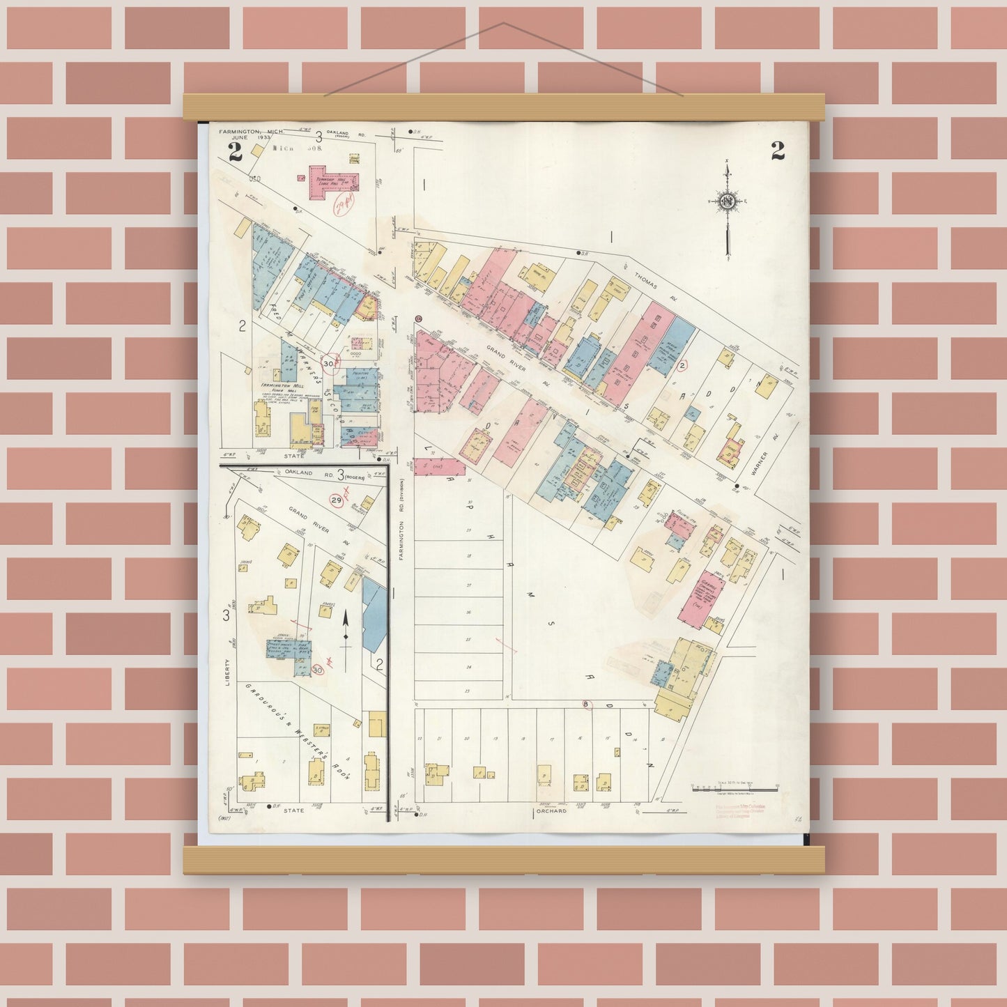 Old map wall art mockup — magnetic wood frame on brick wall — Sanborn Fire Insurance Map from Farmington, Oakland County, Michigan (1943), Sheet #0002