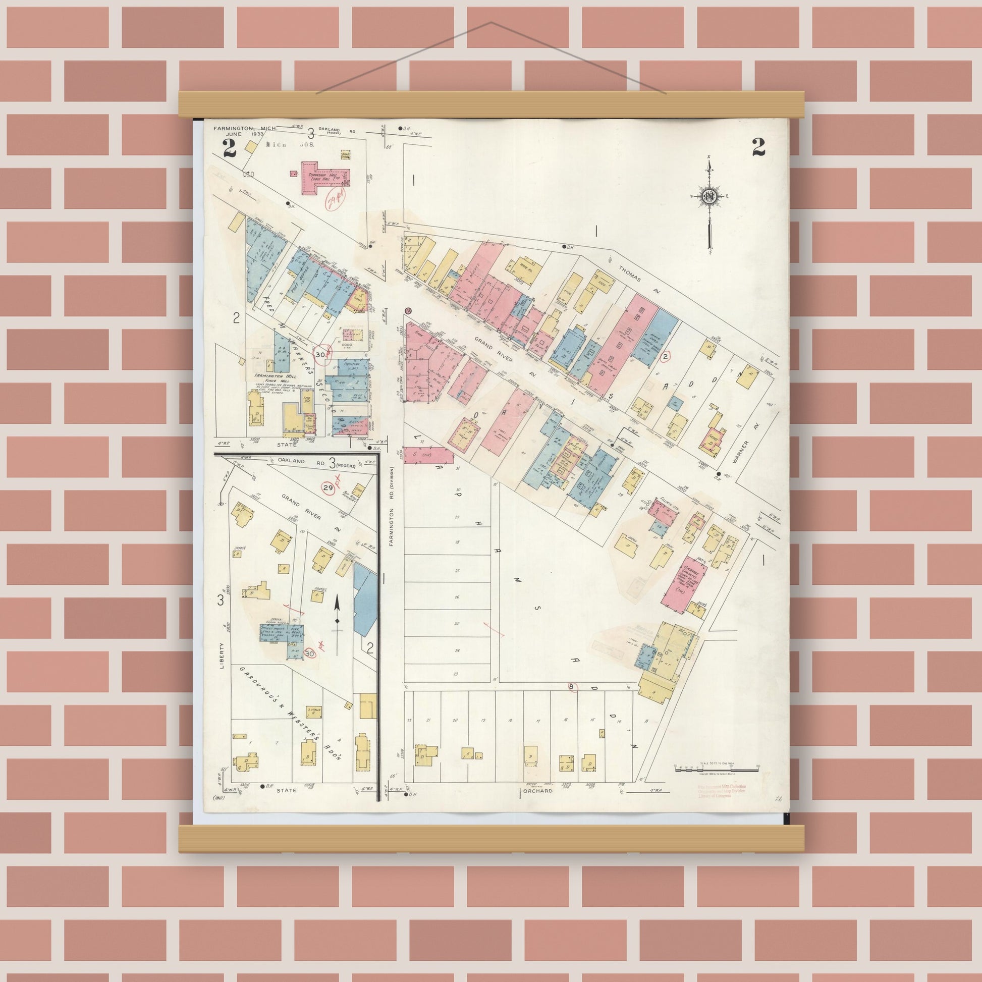 Old map wall art mockup — magnetic wood frame on brick wall — Sanborn Fire Insurance Map from Farmington, Oakland County, Michigan (1943), Sheet #0002