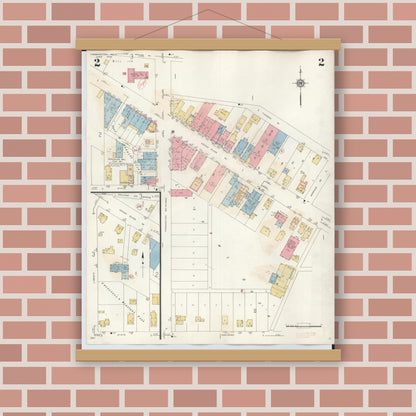 Old map wall art mockup — magnetic wood frame on brick wall — Sanborn Fire Insurance Map from Farmington, Oakland County, Michigan (1943), Sheet #0002