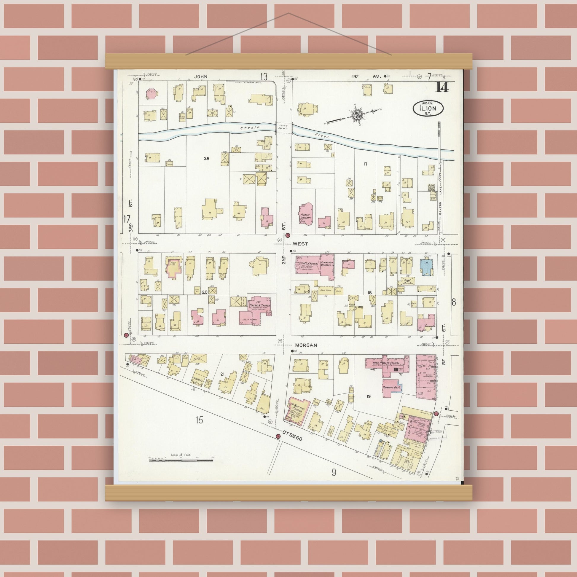 Old map wall art mockup — magnetic wood frame on brick wall — Sanborn Fire Insurance Map from Ilion, Herkimer County, New York (1912), Sheet #0014